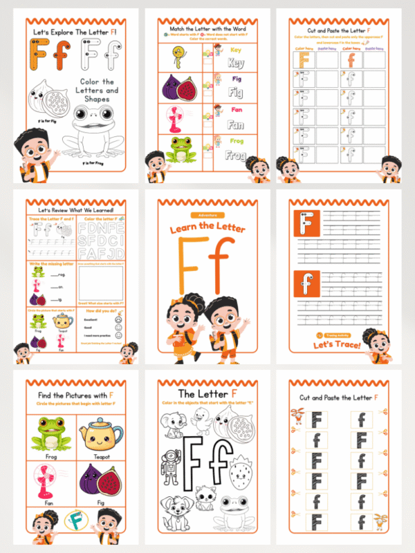 أنشطة حرف F للأطفال – ملف PDF تعليمي تفاعلي وجاهز للطباعة