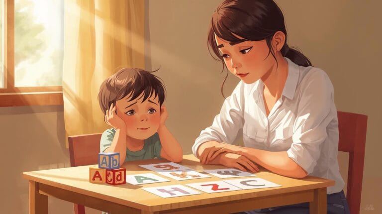 لوحة فنية مرسومة بأسلوب رقمي دافئ، تُظهر طفلاً صغيراً بملامح يملؤها الارتباك والتفكير، يجلس أمام طاولة خشبية مع معلمته أو والدته. تعبر الصورة عن حالة "طفلي يحفظ الحروف لكنه لا يقرأ"، حيث تظهر على الطاولة بطاقات بيضاء مطبوع عليها حروف كبيرة ملونة ومكعبات تعليمية، بينما ينظر الطفل للبطاقات بتركيز مشوب بالحيرة واضعاً يديه على خديه. تنظر إليه المرأة بنظرة حنونة ومترقبة، ويغمر المكان ضوء شمس ناعم ينسل من نافذة جانبية، مما يضفي أجواءً من الهدوء والصبر في رحلة التعلم.